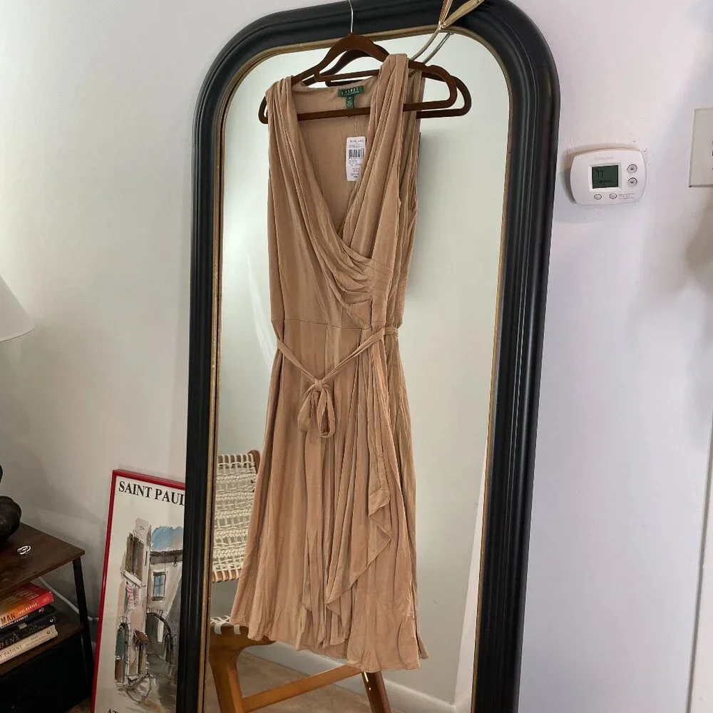 Lauren Ralph Lauren Faux Wrap Knit Dress Tan Size medium classic preppy - Picture 1 of 7